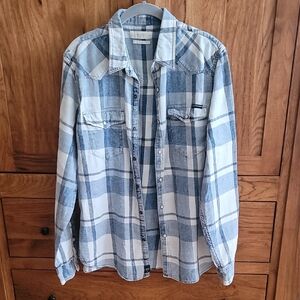 Lucky Brand Mens Light Blue and White Checkered Shirt 100% Cotton